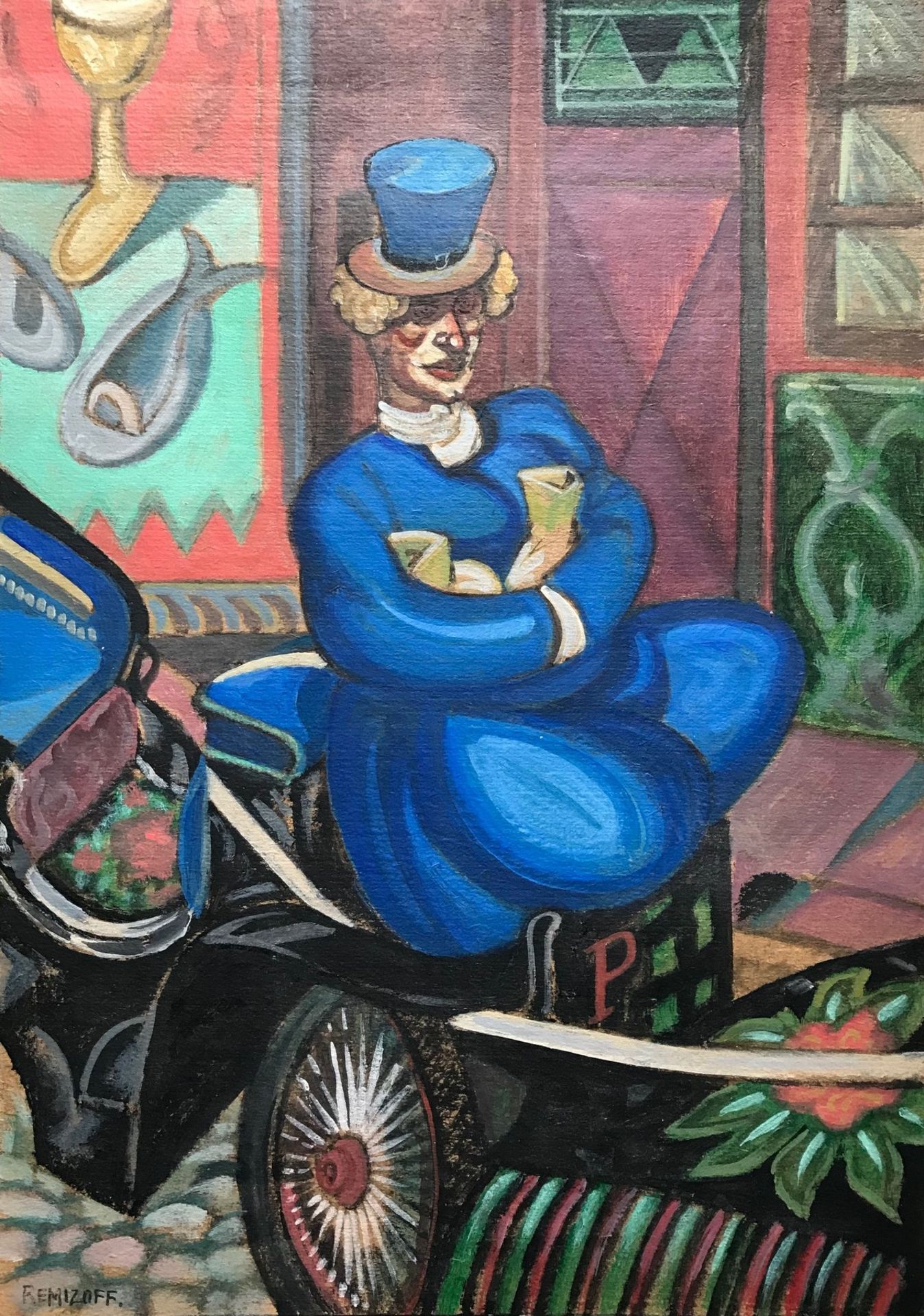 Nicolas REMIZOFF (1887-1979), Attribué à - Clown sur une voiture - Gouache sur [...]