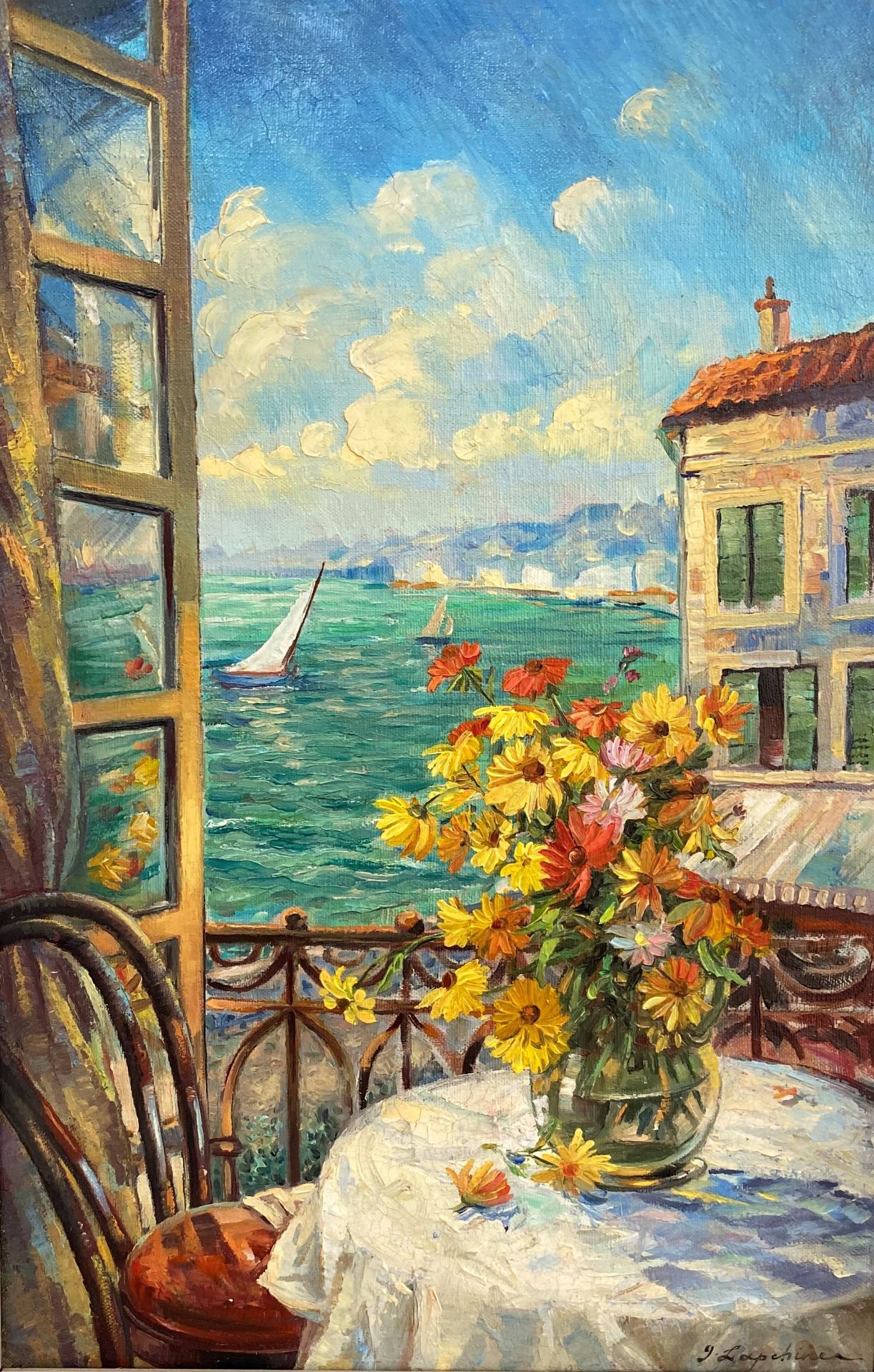 Georges LAPCHINE (1885-1950/51) - Vue sur le port d'un intérieur - Huile sur [...]