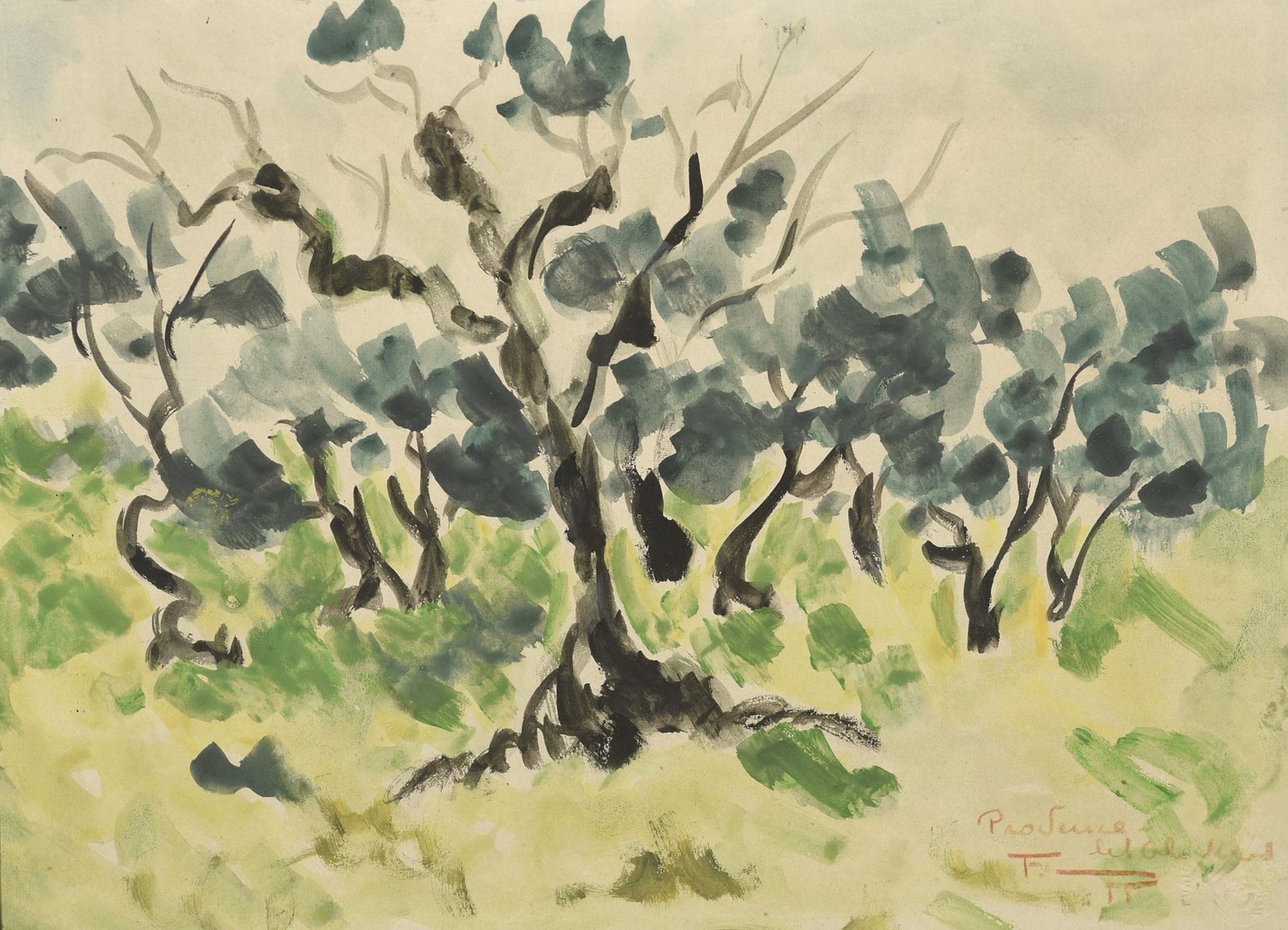 Bonaventure FIEULLIEN (1903-1976) - Les oliviers de Provence - Gouache sur papier, [...]