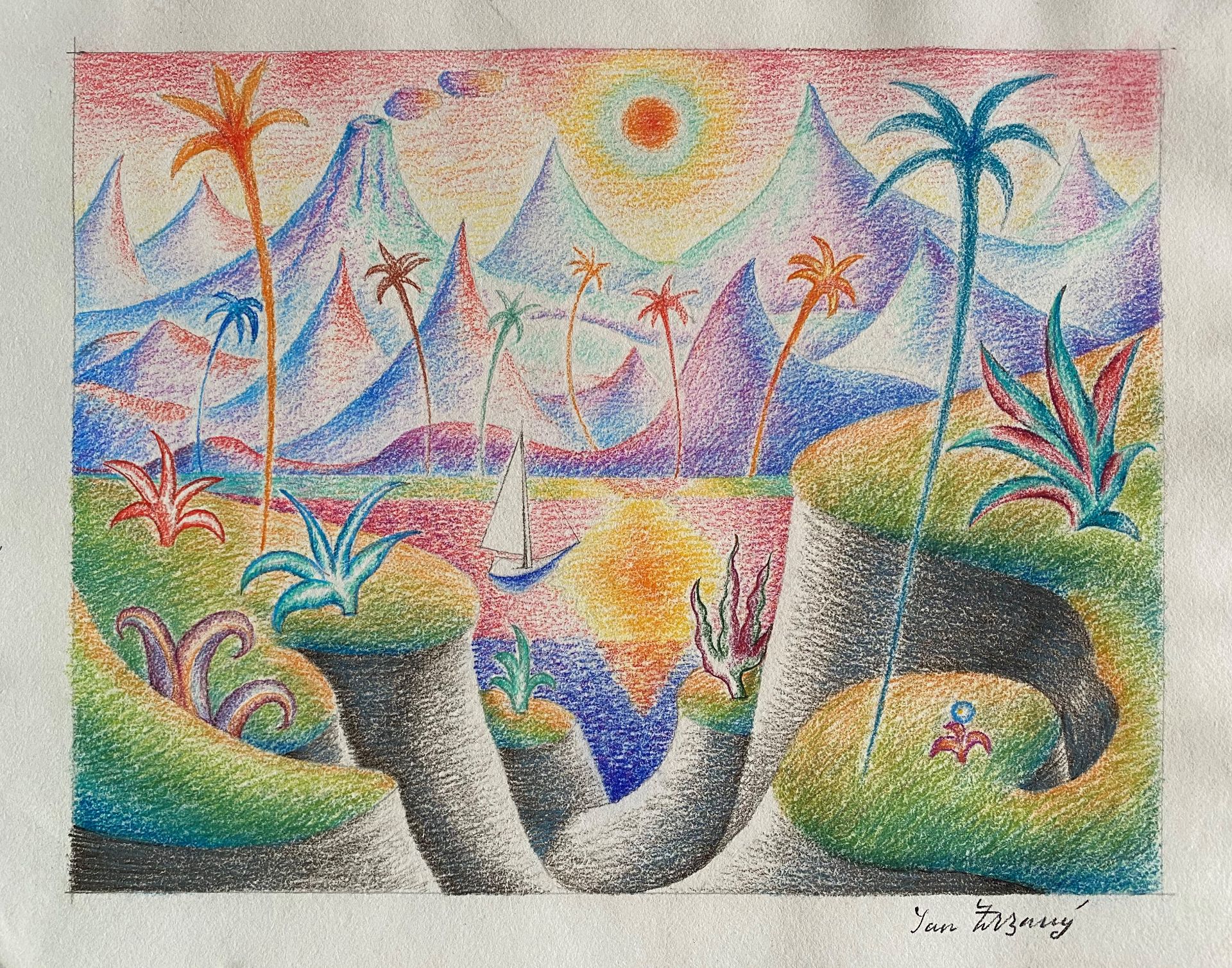 Jan ZRZAVY (1890-1977) - Paysage exotique - Aquarelle sur papier, signée en bas à [...]