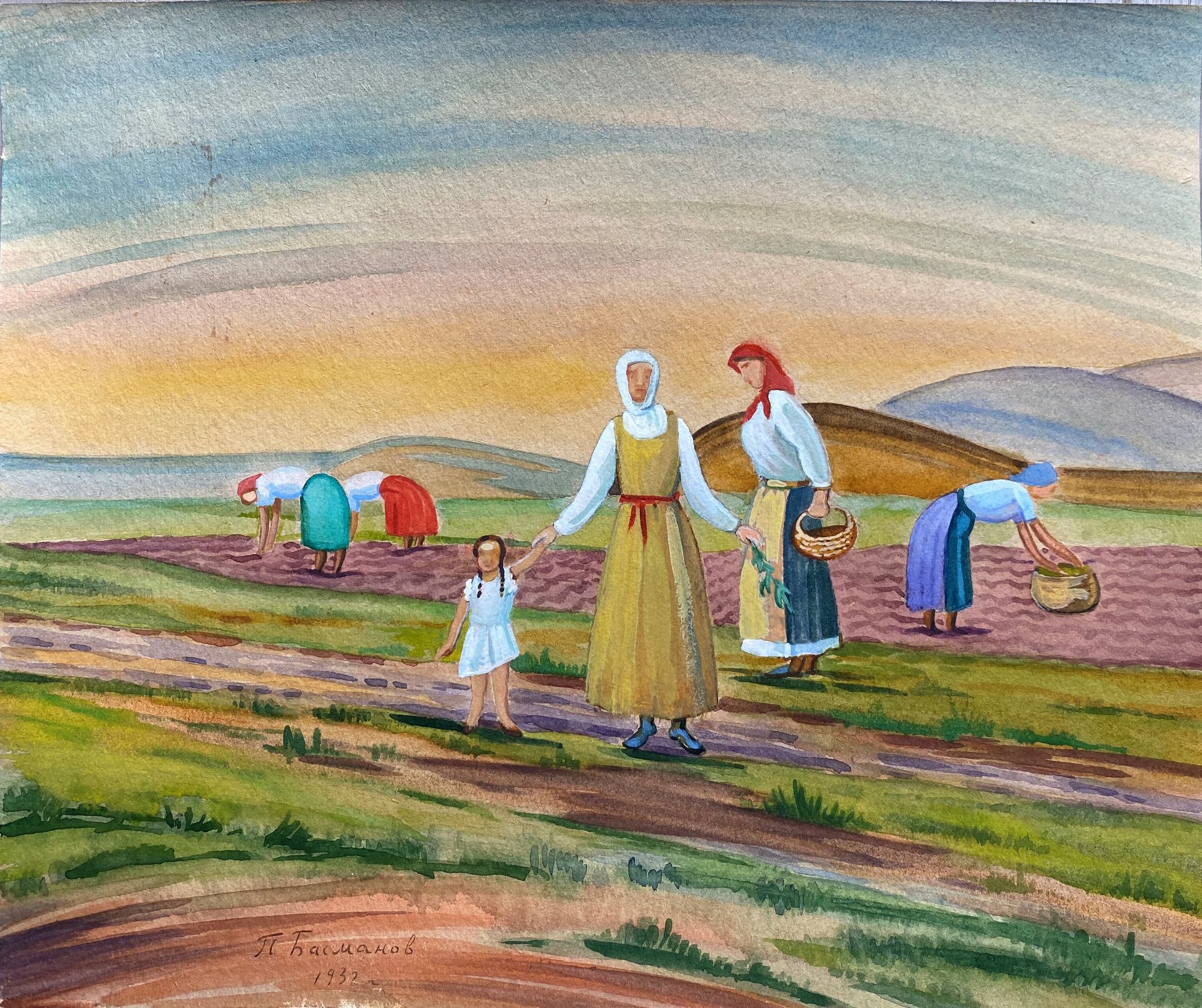 Pavel Ivanovich BASMANOV (1906-1993), Attribué à - Paysannes,1931 - Gouache et [...]