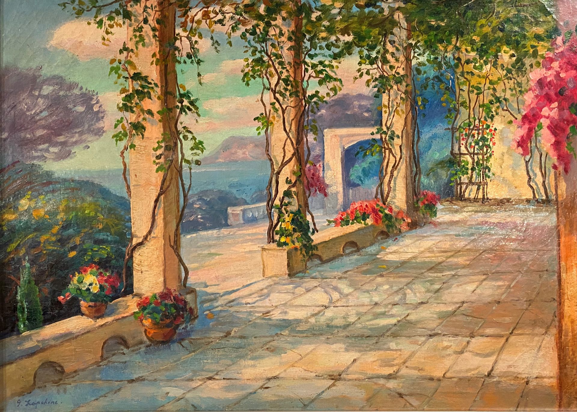 Georges LAPCHINE (1885-1950/51), Attrib.à - Sous la pergola fleurie - Huile sur [...]