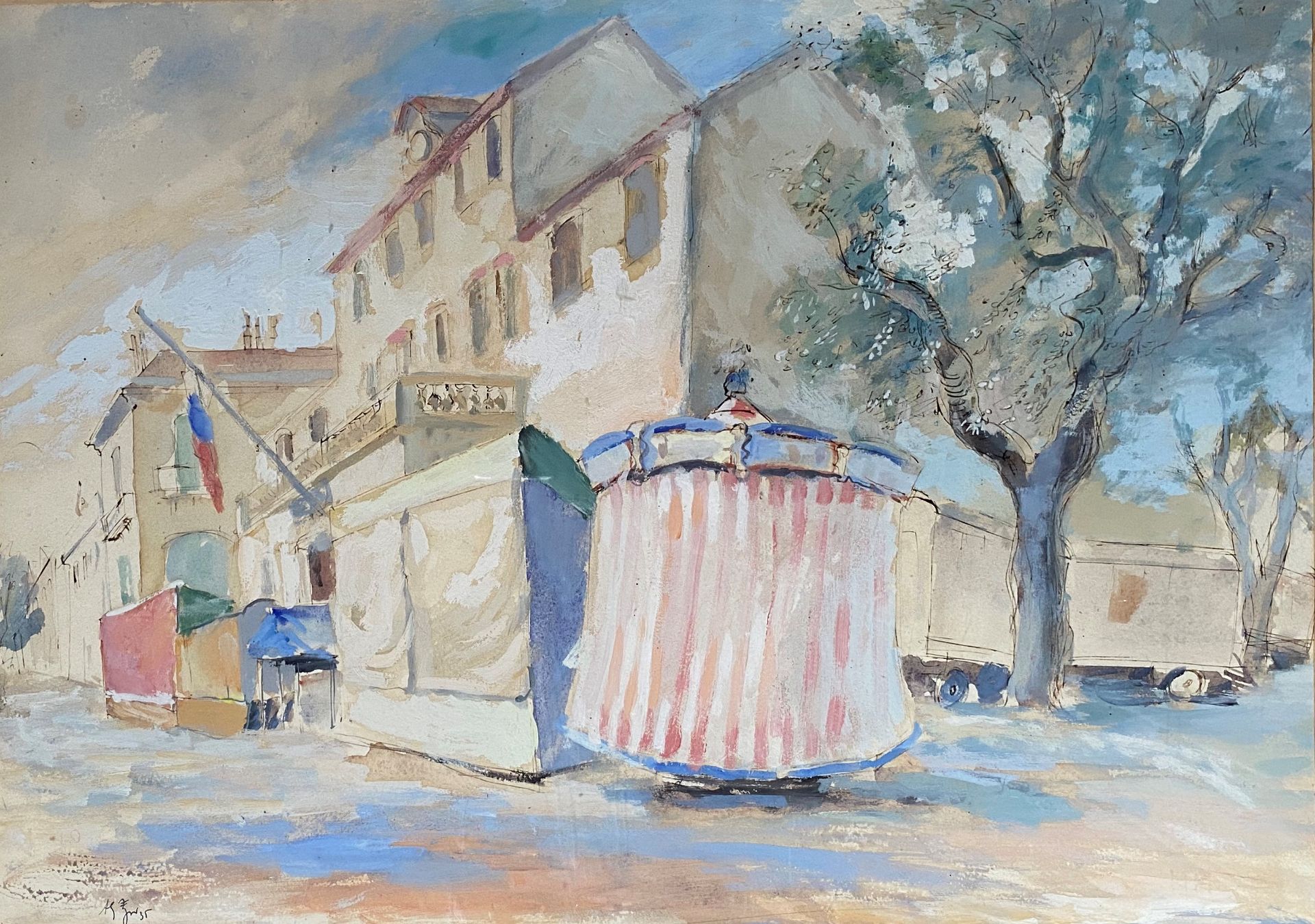 WU Zuoren (1908-1997) - La fête foraine sur la place du village - Aquarelle et [...]