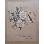 Passereaux branchés sur un bouquet de pivoines épanouies. Aquarelle. Chine. [...]