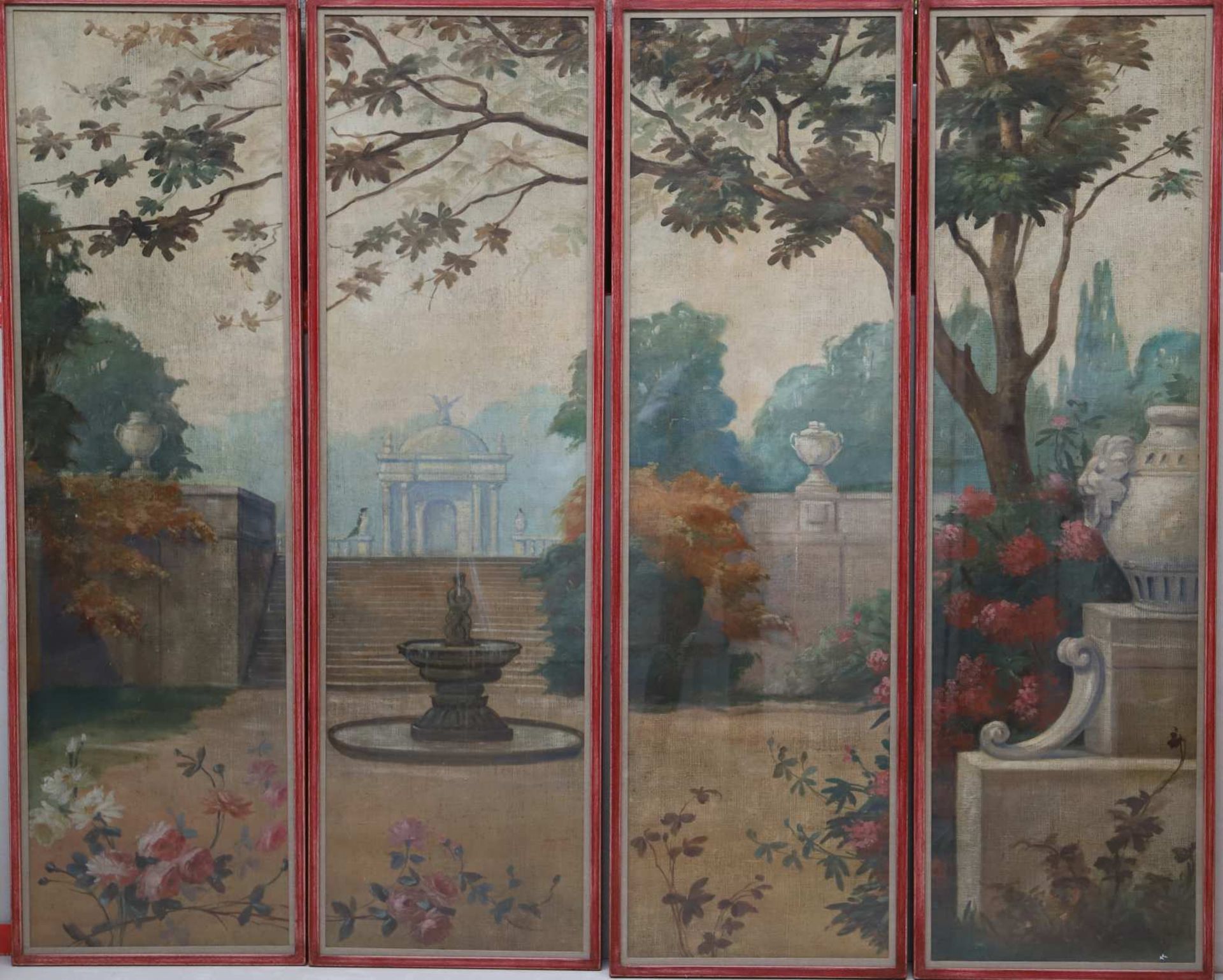Jardin à la françaiseEnsemble de 4 peintures panoramiques sur toile de jute, représentant un parc de