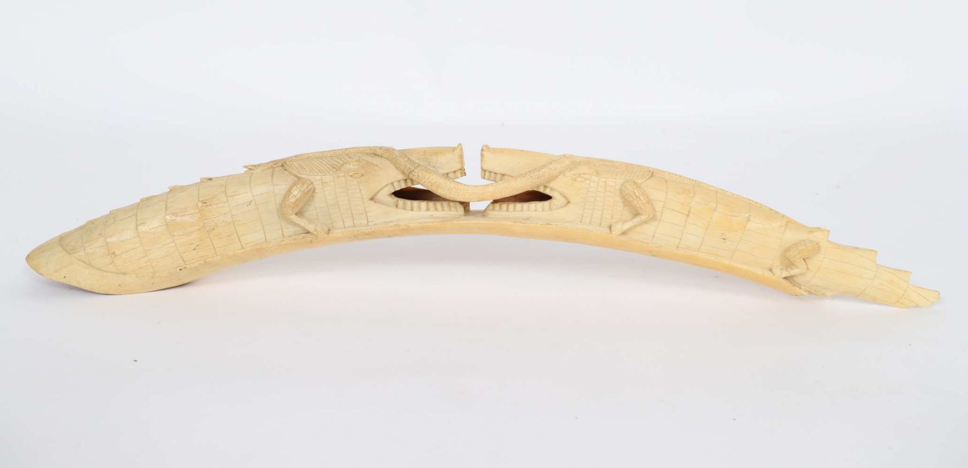 Importante corne aux crocodilesIvoire sculpté en forme de deux crocodiles.Epoque XXème