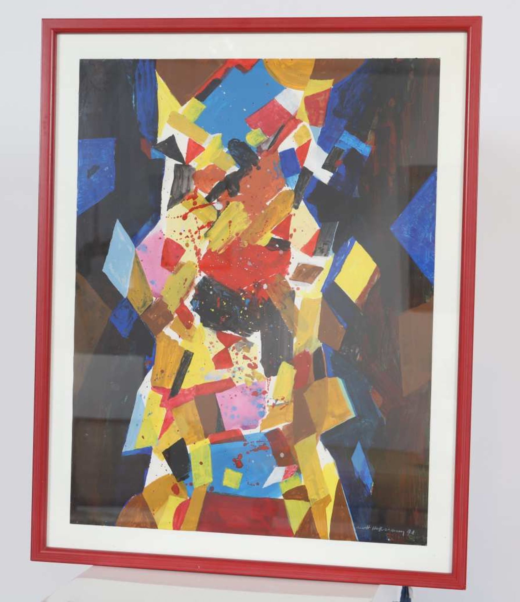 Mett Hoffmann (1914-1993)Artiste peintre luxembourgeoisGouache sur papier encadrée, sujet abstrait.