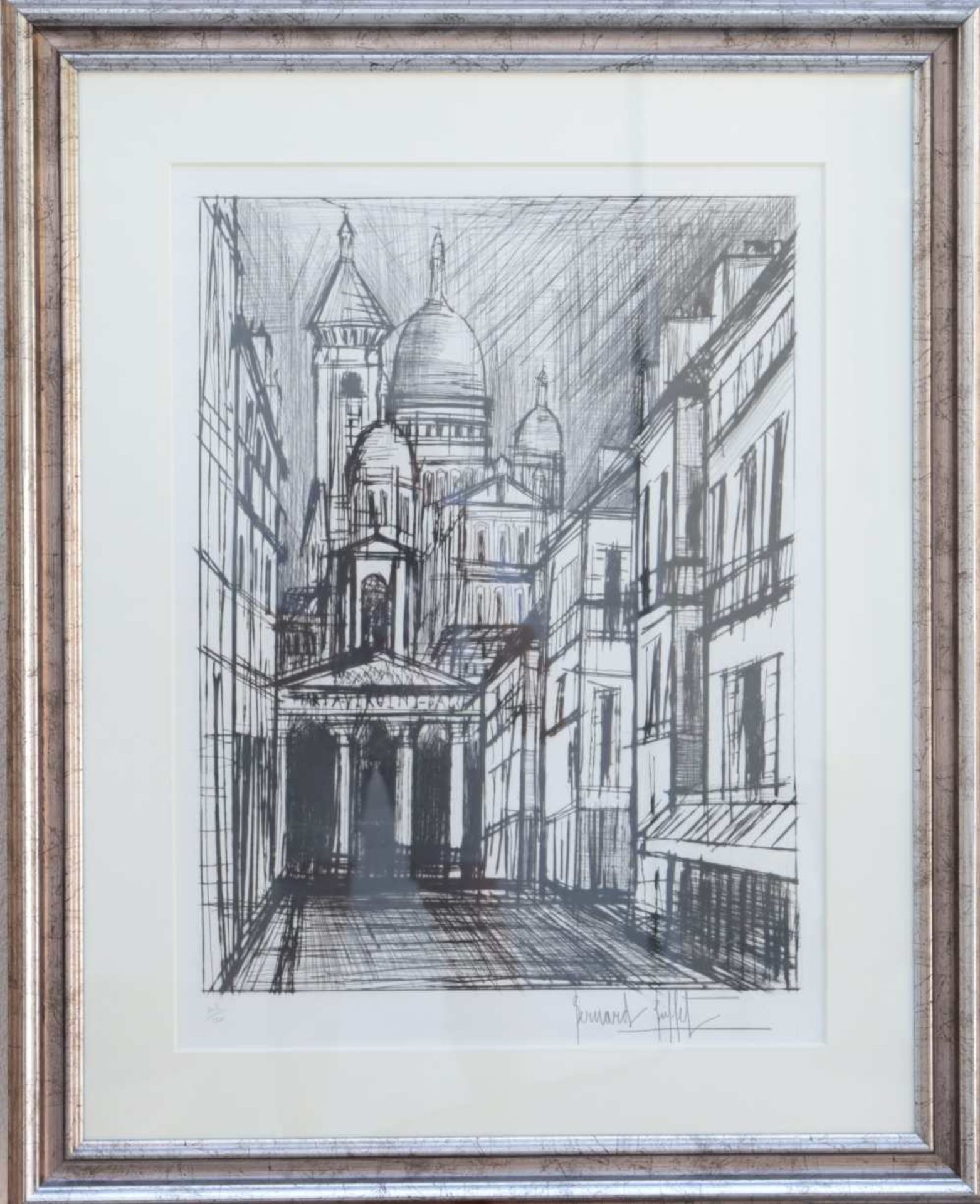 Bernard BUFFET (1928-1999)« Notre-Dame-de-Lorette et le Sacré-Cœur. » Pointe sèche sur papier.