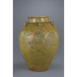 Large Chinese Qing Dynasty Martaban Dragon Jar. Decorated with two dragons in relief and coated in a