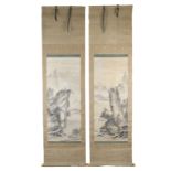 A pair of large 19/20th century Japanese ink paintings on paper in scrolls of mountain scenes with a