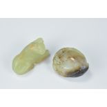 Two Chinese Celadon Jade Carvings in the form of a Cow, 4cms and a Peach Pendant, 3.5cms (2)