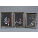Three Chinese 19th century paintings framed and glazed on woven black material of Luohan under a tre