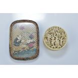 A Chinese late Qing dynasty pocket mirror with painted pierced ivory panel decorated with children p