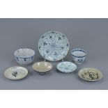 A group of seven Chinese Ming dynasty to 19th century provincial blue and white porcelain items. To
