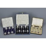 Three boxed sets of silver spoons. Set of six H S Birmingham 1931. Set of six H D Sheffield 1921. Se