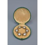 A boxed set of Victorian enamelled mother of pearl dress buttons.