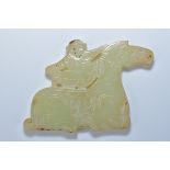 A Chinese jade pendant caved with a monkey on a horse. 7.5cm length