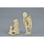 Two 19th century Meiji period Japanese Carved Ivory Okimono, One of man and boy with horse scroll an