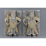 Pair Chinese Painted Tiles Depicting Guardian Figures. Each tile depicts a bearded guardian in robes