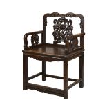 A 19th century Chinese hardwood armchair with bats and 'Shou' character decoration'. Seat size 61cm