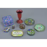 A group of nine Chinese cloisonné items to included a box and cover with dishes. Largest box 8.5cm x