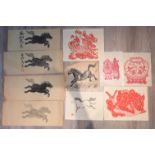 A group of four Chinese prints on paper of running horse together with another print on paper of a h