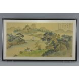 A large framed and glazed Chinese painting on silk dated 1981 of man running with horse, fishing boa