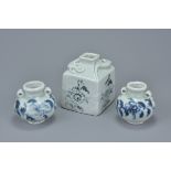 Three Chinese Yuan dynasty blue and white porcelain items.