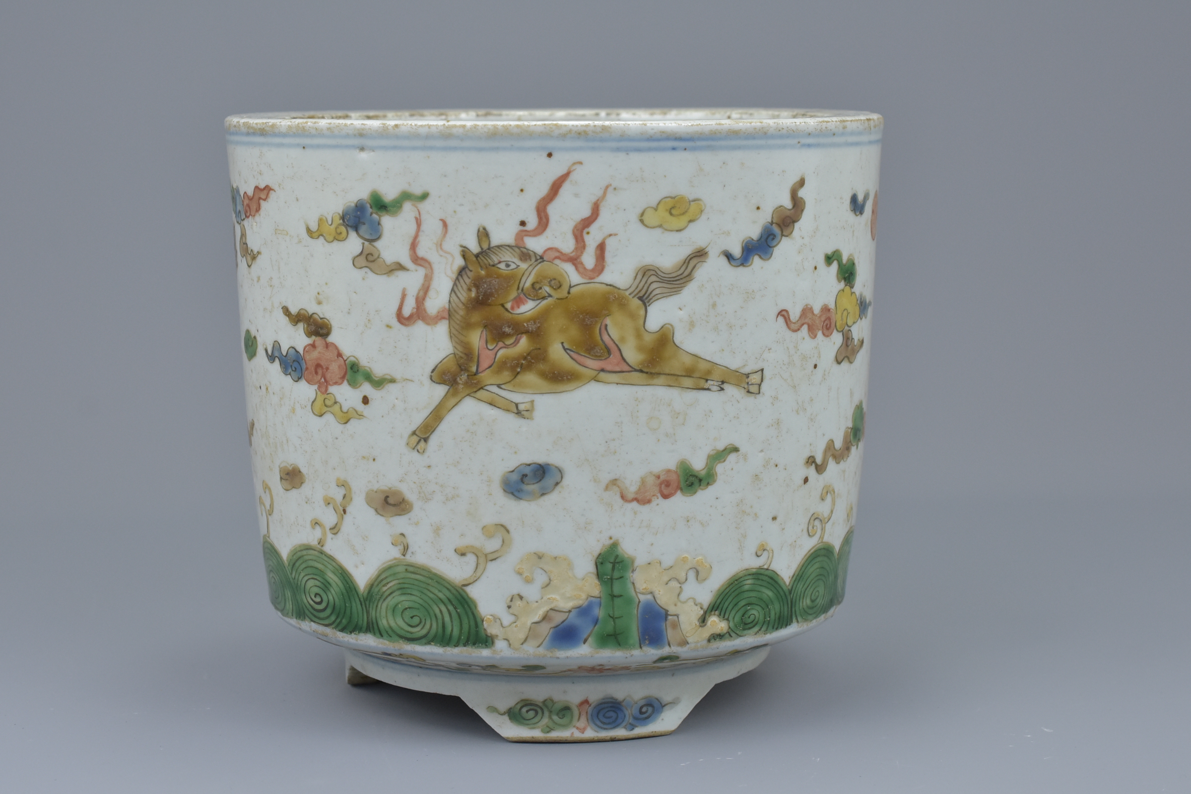 A Chinese 18/19th century doucai porcelain tripod censer with qilin, dragon and horse. 15.5cm diam x - Image 4 of 7