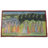 A large Indian Rajasthan temple hanging / Pichwai painting on cloth of a couple and female figures.