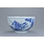 A Chinese 19th century or later blue and white porcelain bowl decorated with warrior scene. 20Cm dia