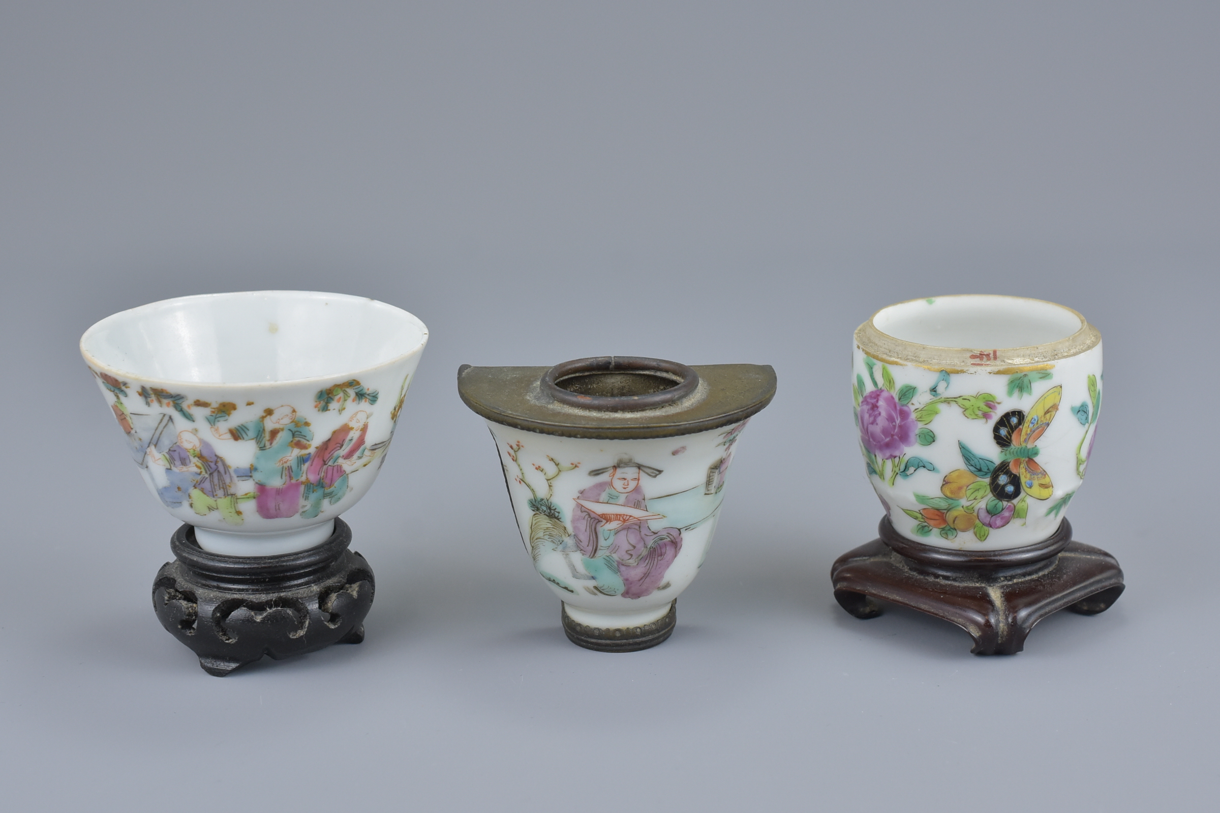 A group of seven Chinese 19th Century Famille Rose porcelain pots, ink pot, cup and bird feeder - Image 2 of 7