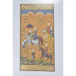 A 19th century Persian miniature painting depicting figures on horseback. Inscription in borders to