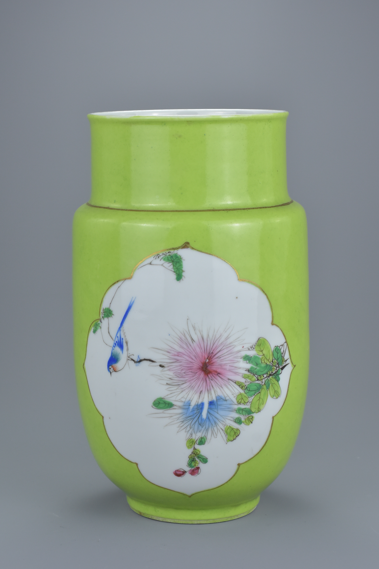 A Chinese 19th century lime green ground porcelain lantern vase with decorative Famille rose panels