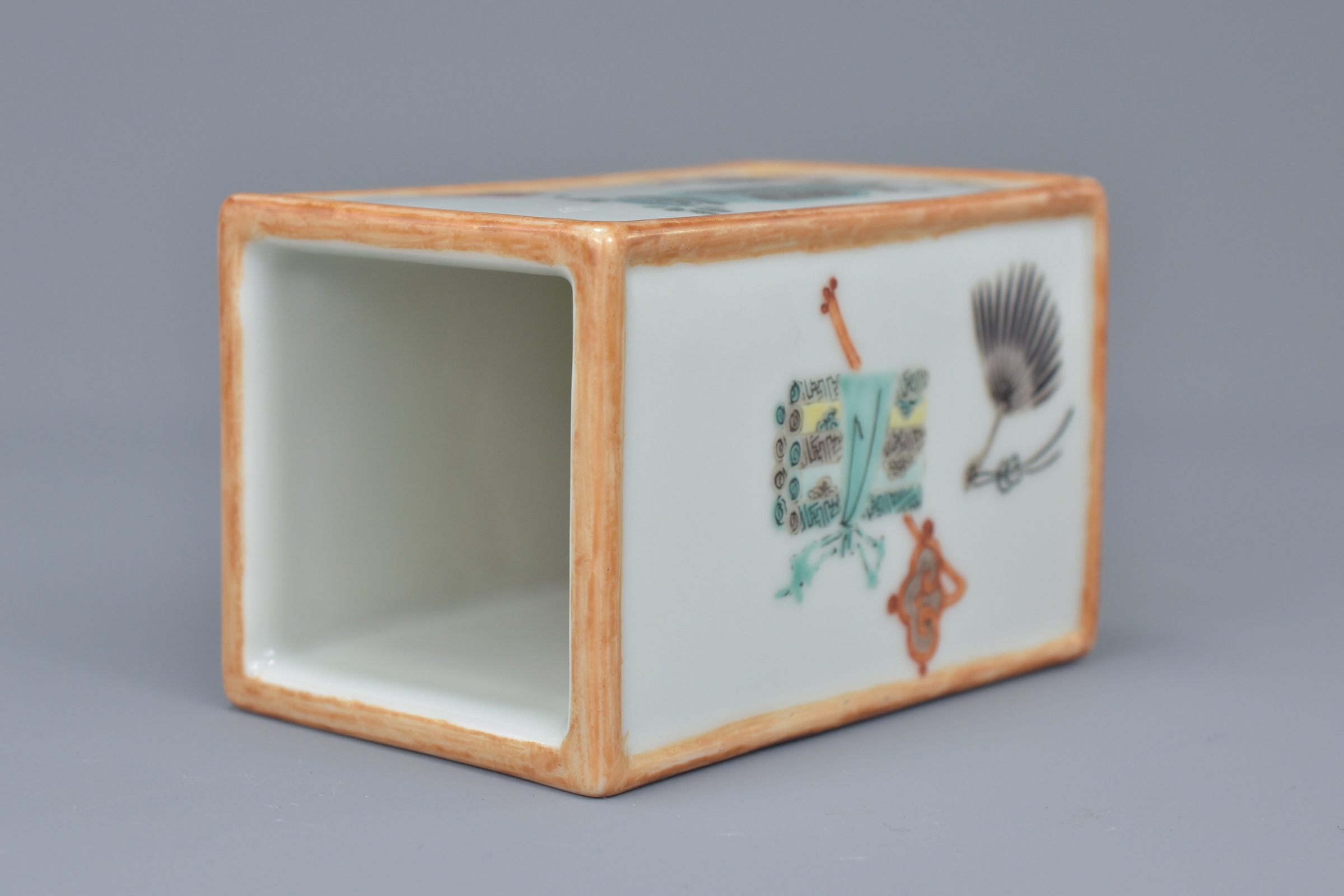 A Chinese late 19th century porcelain brush holder. Each side painted with Scholars objects. Inscrip - Image 5 of 6