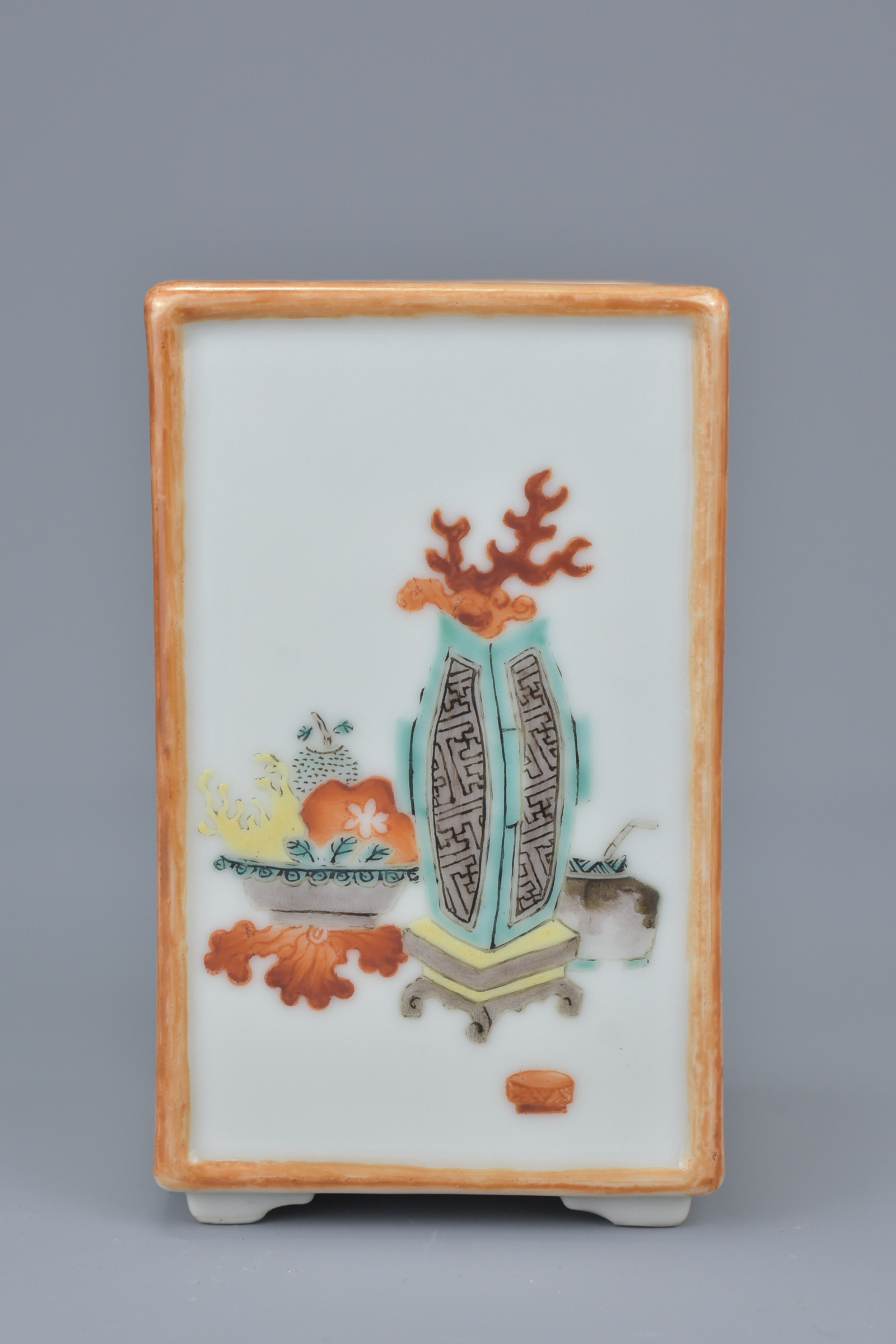 A Chinese late 19th century porcelain brush holder. Each side painted with Scholars objects. Inscrip - Image 6 of 6