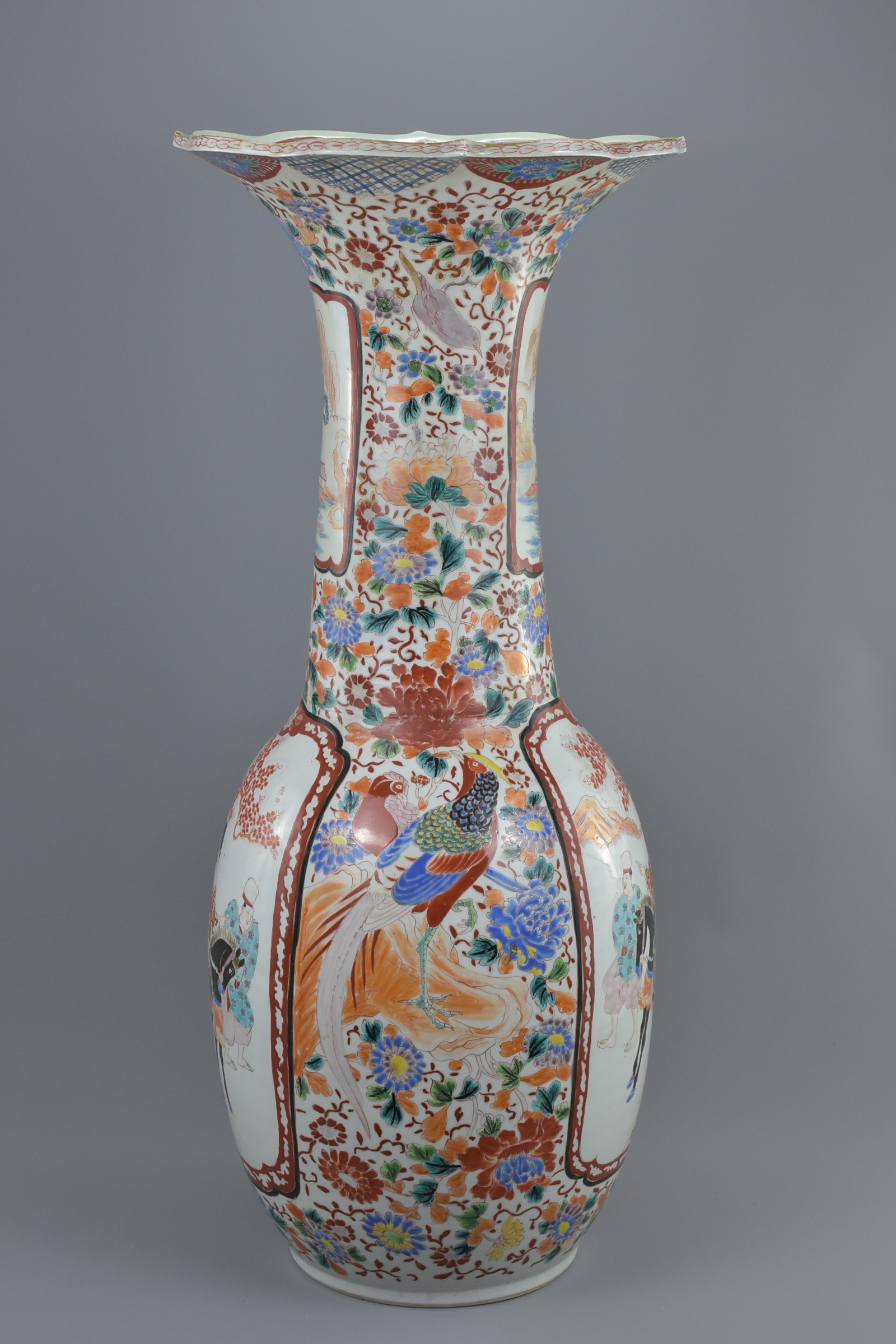 A very large 19th century Japanese Imari fluted porcelain vase decorated panels of birds and figure. - Image 4 of 6