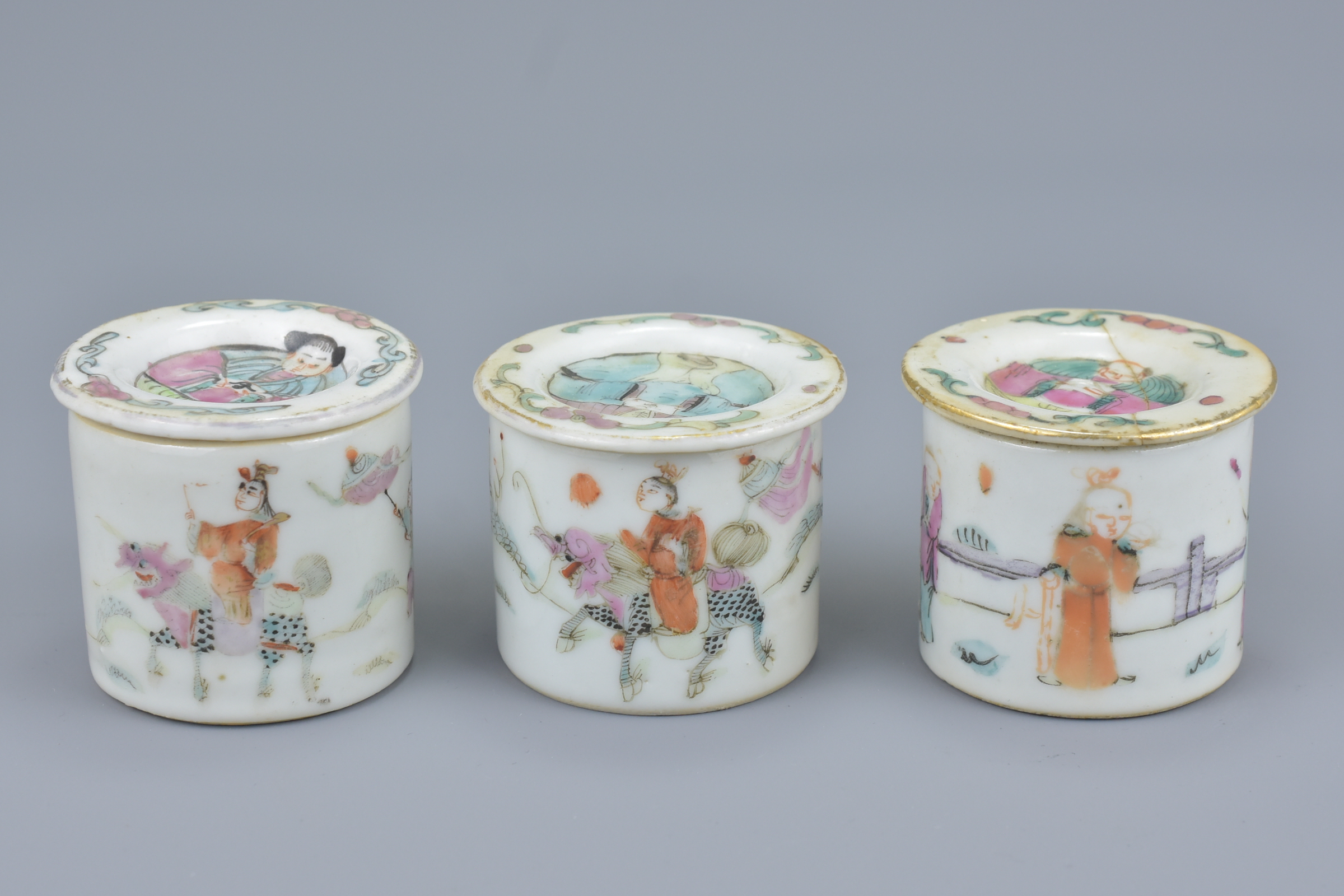 A group of nine Chinese 19th Century Famille Rose porcelain pots and covers - Image 3 of 7