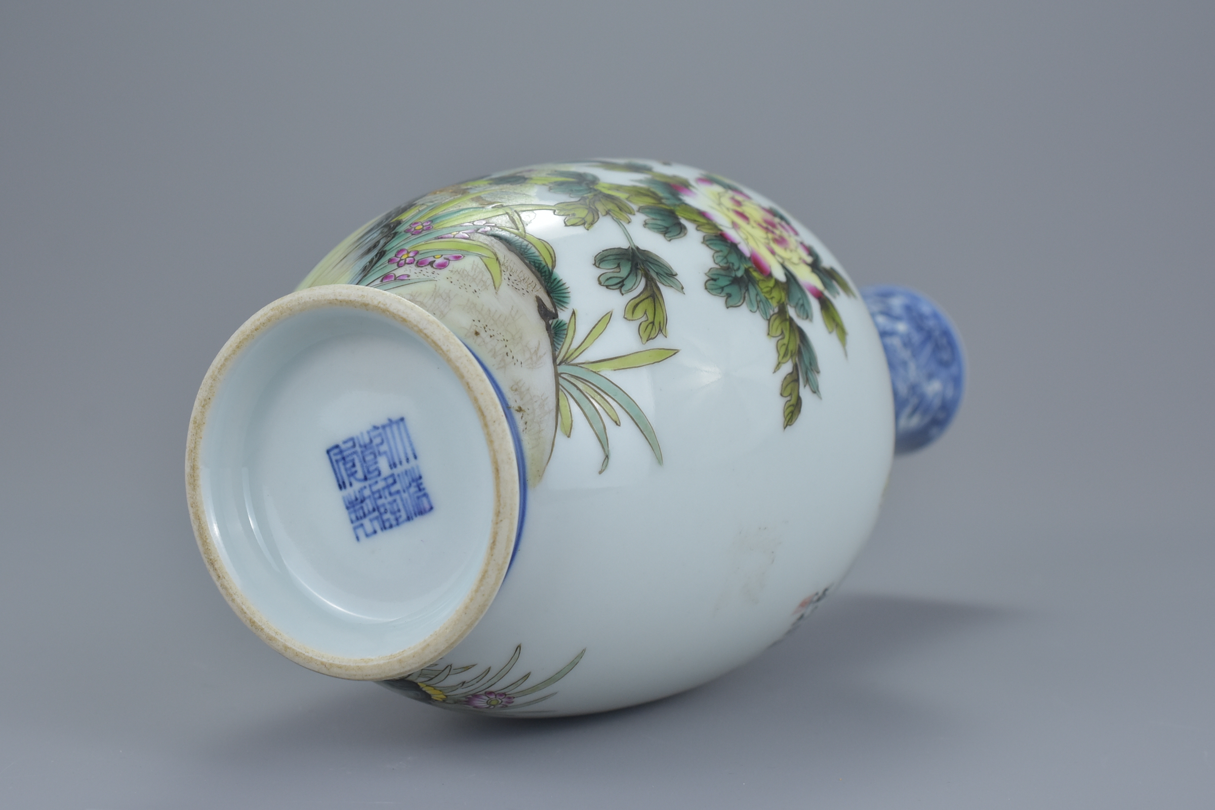 A Chinese Republic period famille rose porcelain vase with blue and white bottle neck decorated with - Image 5 of 6