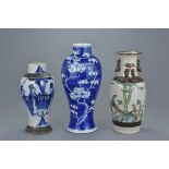 Three Chinese porcelain vases. Two blue and white vases together with a famille rose crackle vase. 1