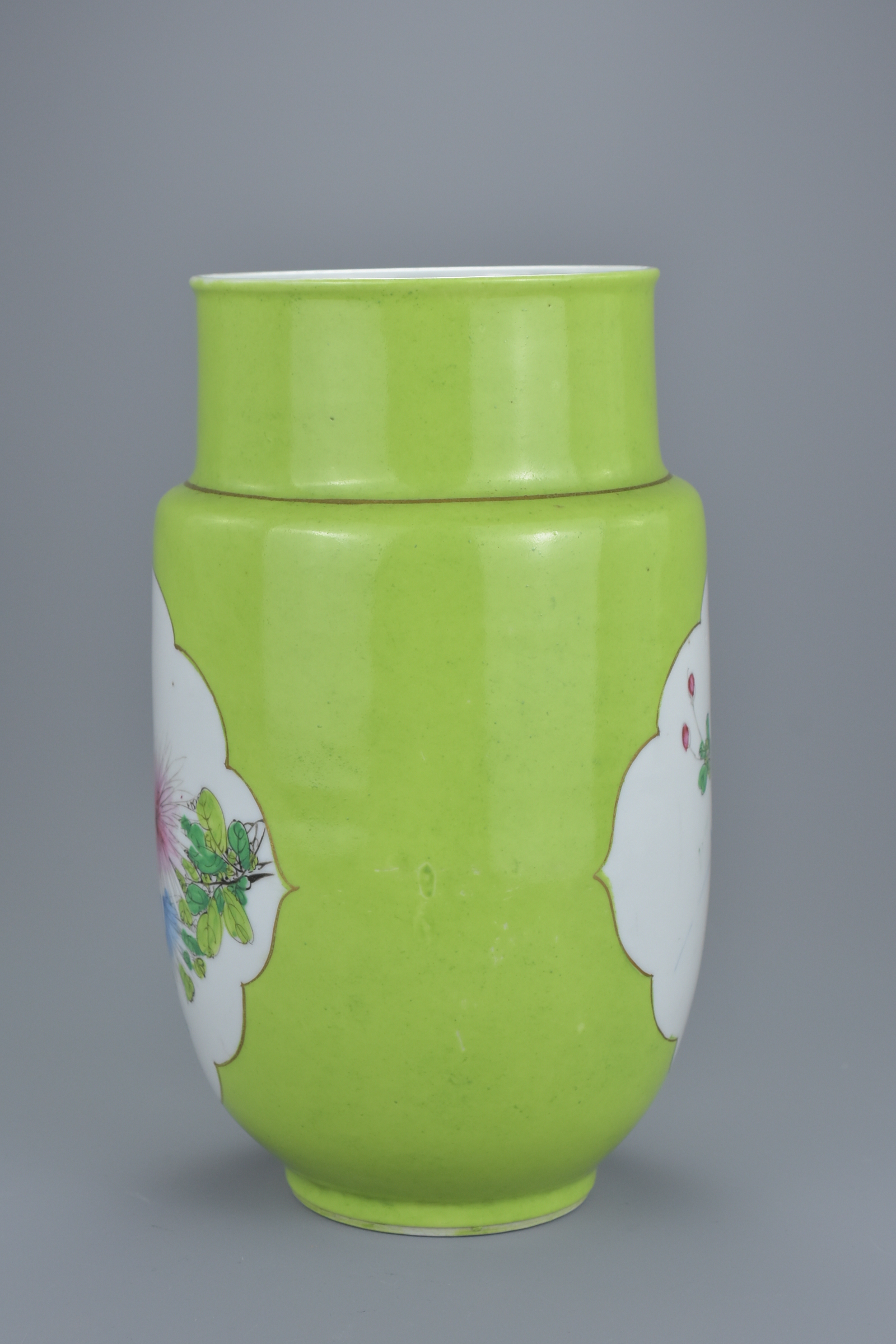 A Chinese 19th century lime green ground porcelain lantern vase with decorative Famille rose panels - Image 2 of 6