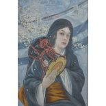 A large framed 20th century Japanese painting on board of a girl holding a drum walking under a blos