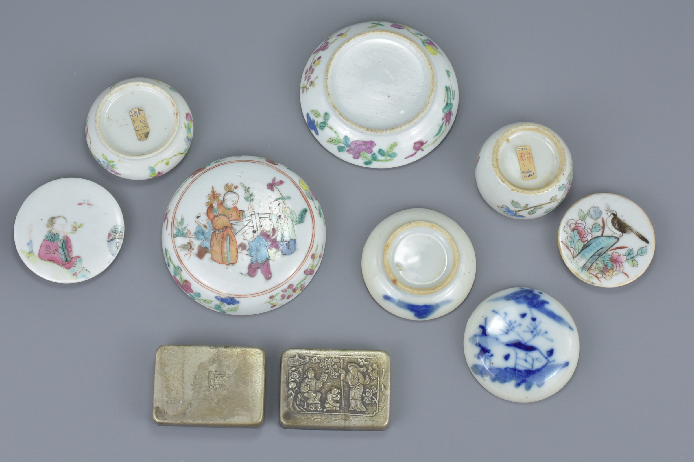 Three 19th century Chinese Famille Rose porcelain pots and covers together with a blue and white por - Image 4 of 5