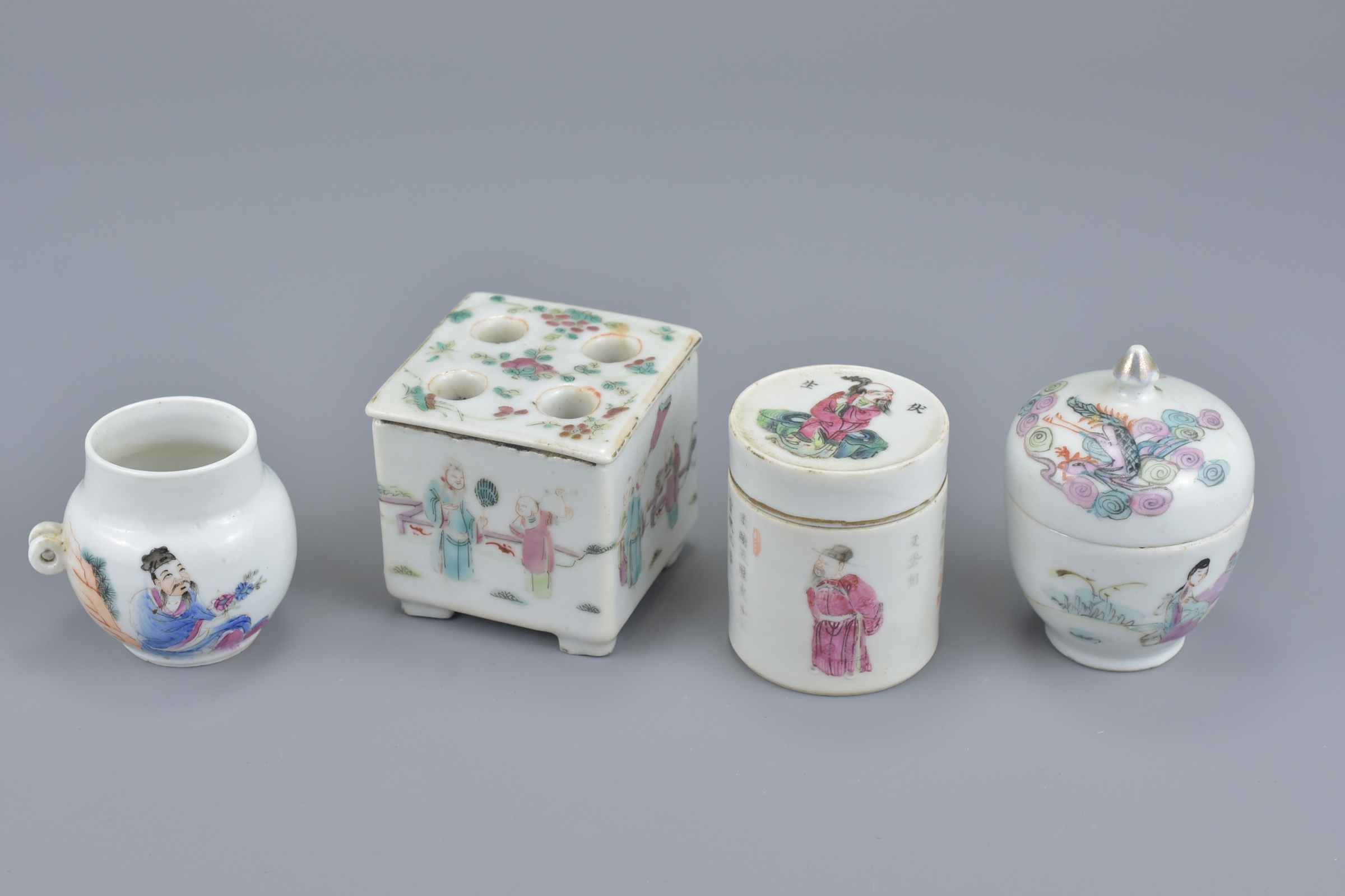 A group of seven Chinese 19th Century Famille Rose porcelain pots, ink pot, cup and bird feeder - Image 5 of 7