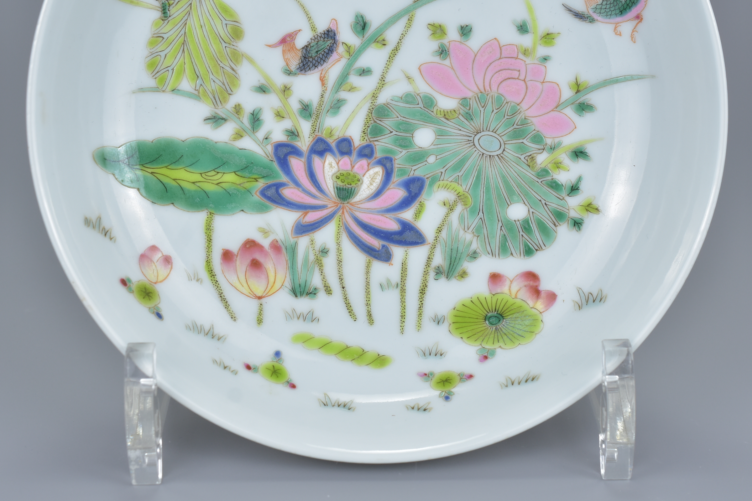 A Chinese 19/20th century Famille rose porcelain dish with florals and bird design. Six-character ma - Image 3 of 7