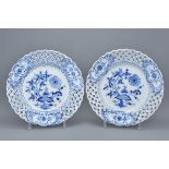 Three late Meissen blue and white porcelain basket dish and plates with pierced border decoration. M