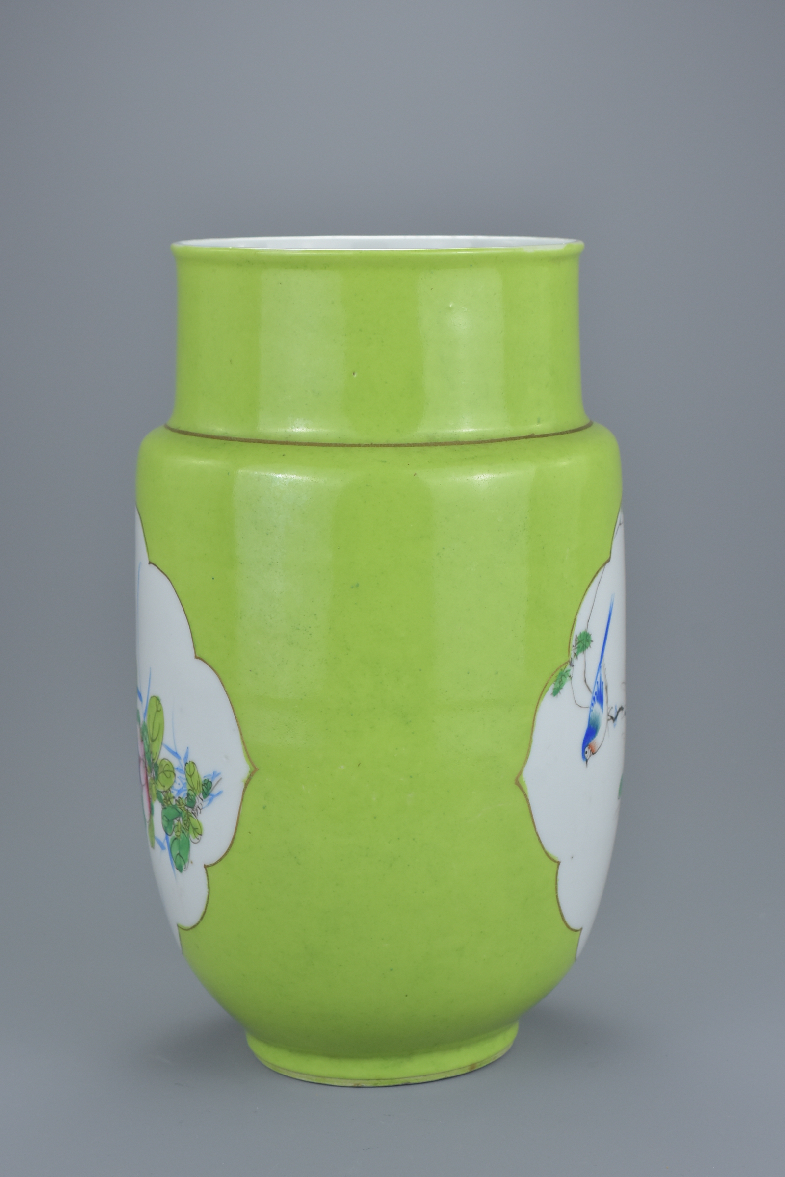A Chinese 19th century lime green ground porcelain lantern vase with decorative Famille rose panels - Image 4 of 6