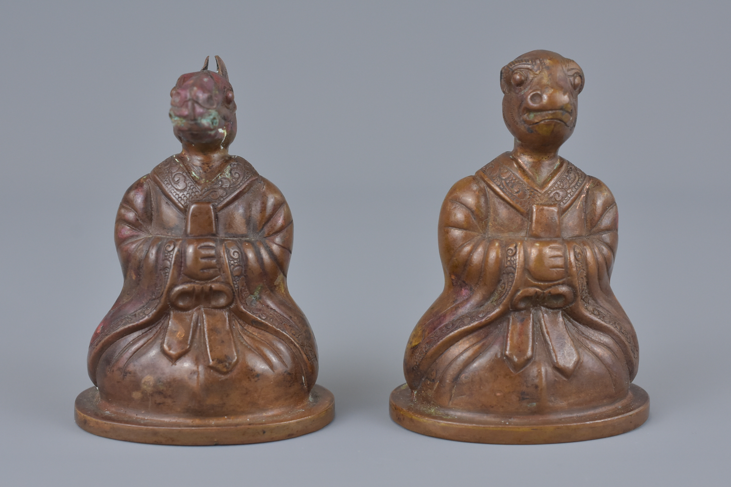 Two Chinese Early 20th century Bronze Models of a Horse and a Monkey dressed in court Style Costumes - Image 2 of 11