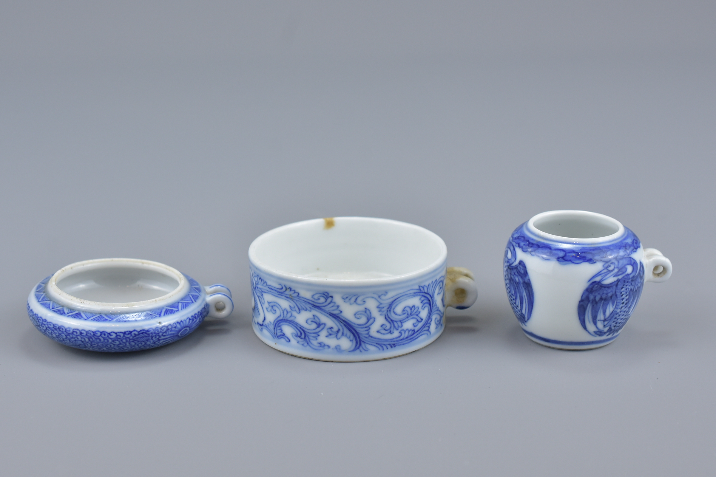 Three Chinese 19th Century blue and white porcelain bird feeders - Image 3 of 17