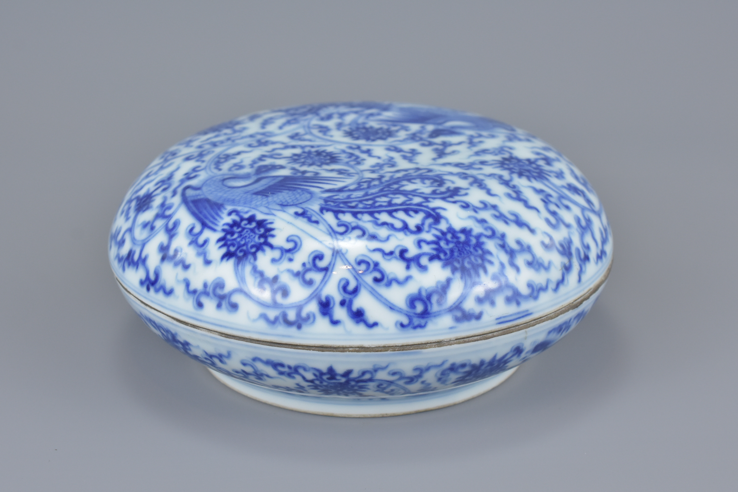 A Chinese 19th century Blue and White porcelain Ink Box and Cover with Phoenix design bearing six ch - Image 2 of 7